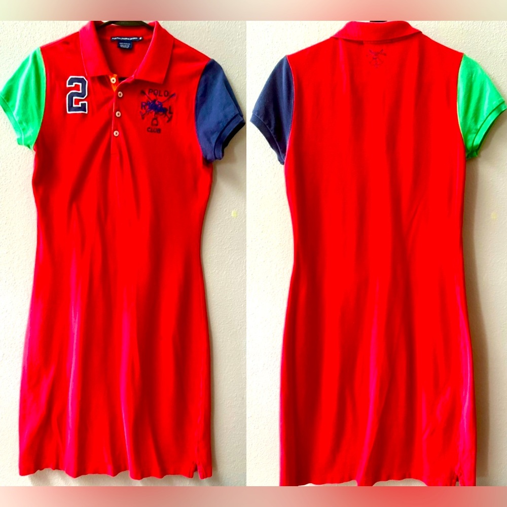 RALPH LAUREN SPORT VINTAGE COLOR BLOCK POLO SHIRT DRESS WOMENS SIZE M